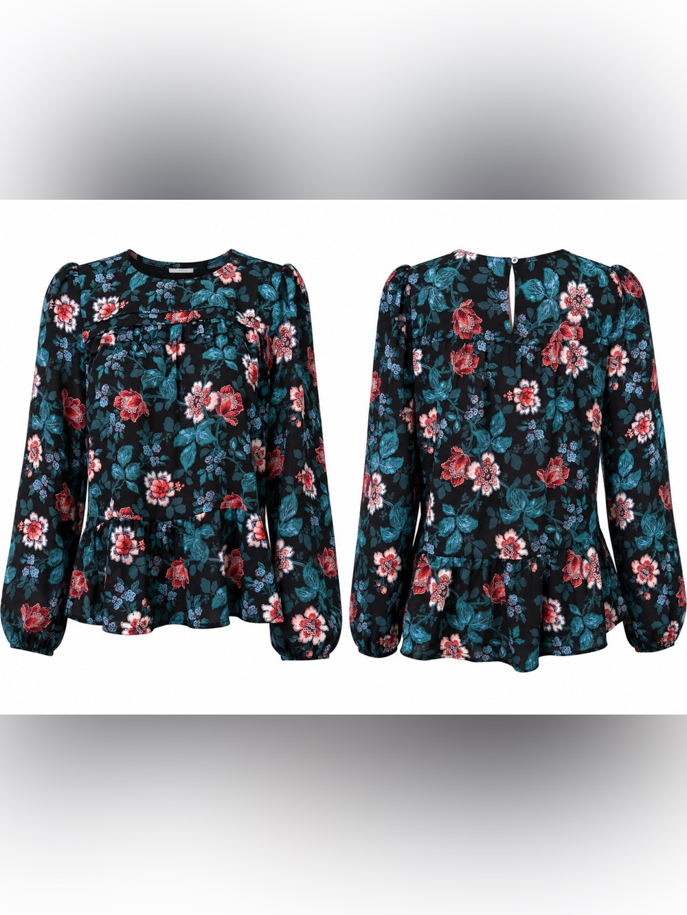 LOFT Floral Peplum Blouse Small Black Teal Long Sleeve Boho Keyhole Top